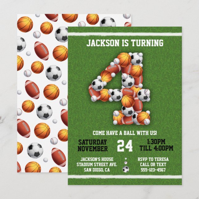 Sports Themed Balls 4th Birthday Party Invitation (Front/Back)