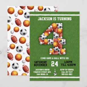 Sports Themed Balls 4th Birthday Party Invitation