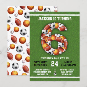 Sports Themed Balls 6th Birthday Party Invitation