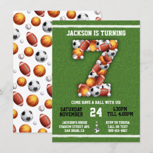 Sports Themed Balls 7th Birthday Party Invitation