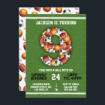 Sports Themed Balls 9th Birthday Party Invitation<br><div class="desc">Have a ball at your child's birthday party with this super fun Sports Themed Balls in the shape of a number against green turf grass. The back has an assortment of balls,  basketball,  football,  soccer ball,  baseball and golf balls. Other ages available! This one is for a 9th birthday.</div>