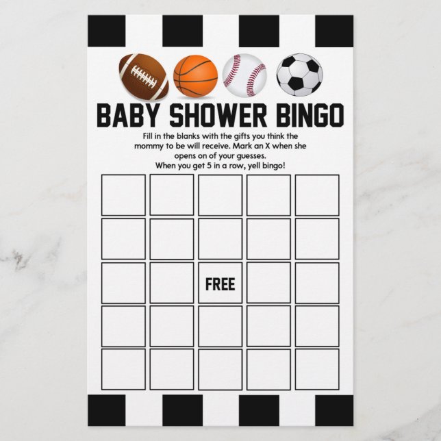 Sports Themed Bingo Baby Shower Game Stationery (Front)