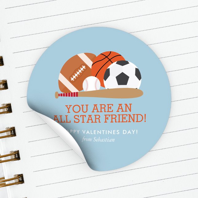 Sports-Themed Kids Classroom Valentines Day Classic Round Sticker (Creator Uploaded)