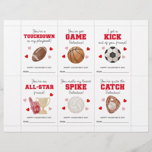 Sports Valentine’s Day Cards for Kids Classroom  Custom Letterhead (Front)