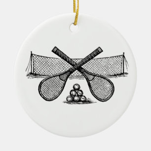 Sports Vintage Tennis Net, Crossed Racquets, Balls Ceramic Tree Decoration