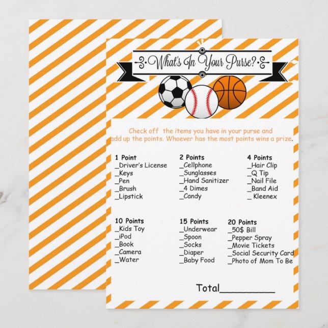 Sports What's in Your Purse Baby Shower Game Invitation (Front/Back)
