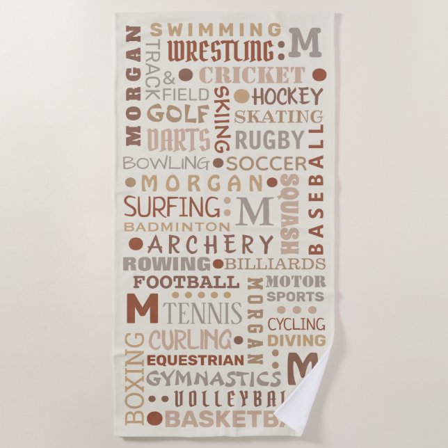 Sports Word Art Neutrals Summer Personalized Beach Towel (Front)