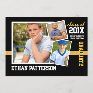 Sporty 3 Photo Graduation Announcement Black Gold