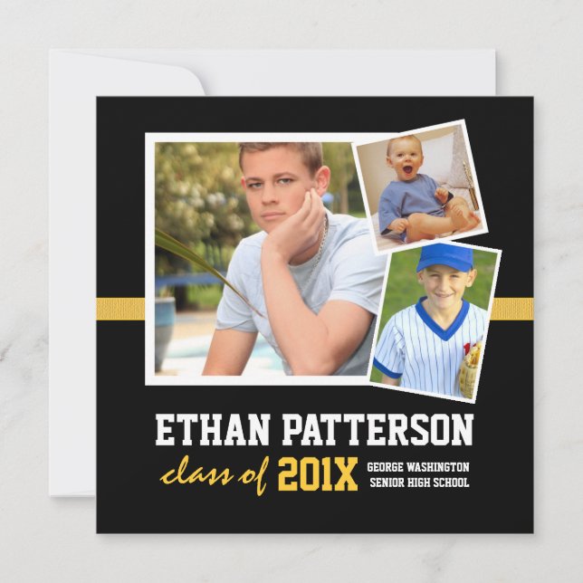 Sporty 3 Photo Graduation Announcement Black Gold (Front)