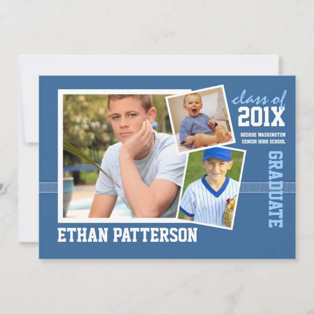 Sporty 3 Photo Graduation Announcement Blue White (Front)