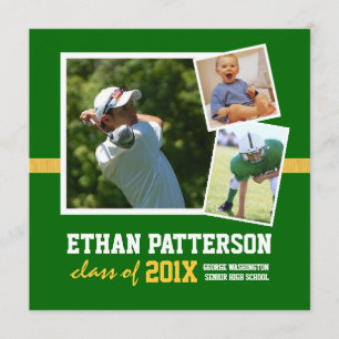 Sporty 3 Photo Graduation Announcement Green Gold