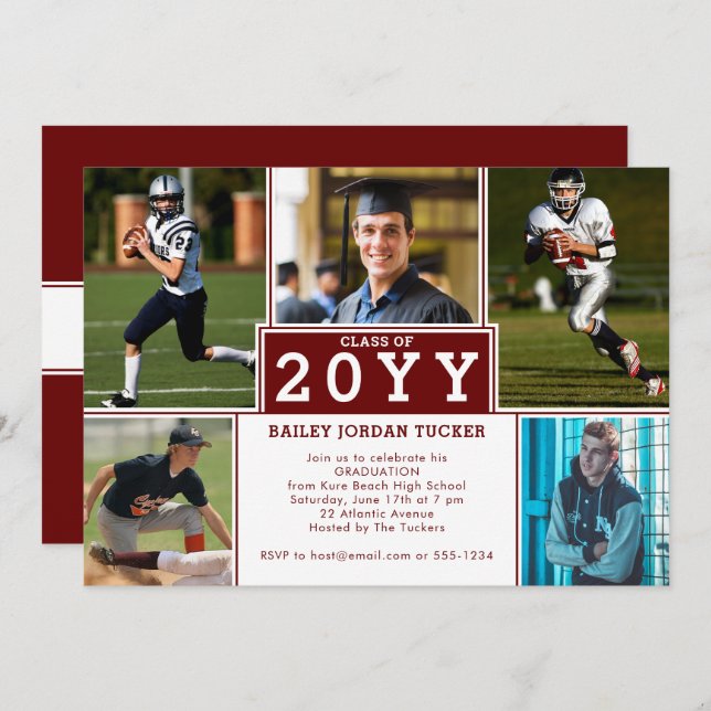 Sporty 5-Photo Burgundy Red Graduation Invitation (Front/Back)