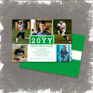 Sporty 5-Photo Green White Graduation Invitation