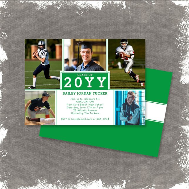 Sporty 5-Photo Green White Graduation Invitation (Creator Uploaded)