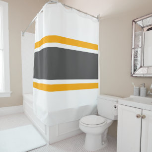 Sporty 70s Wide Grey White Orange Racing Stripes Shower Curtain