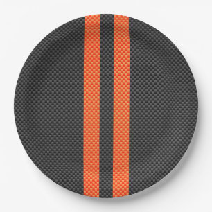 Sporty Accent Orange Stripes Carbon Style Print Paper Plate