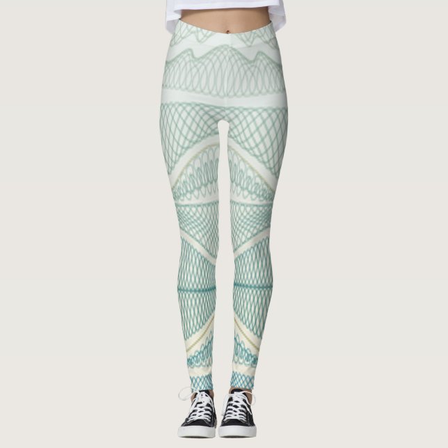 Sporty Aqua White Crazy Patterned Lines and Swirls Leggings (Front)