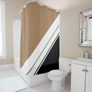 Sporty Athletic Mocha Black White Racing Stripes Shower Curtain