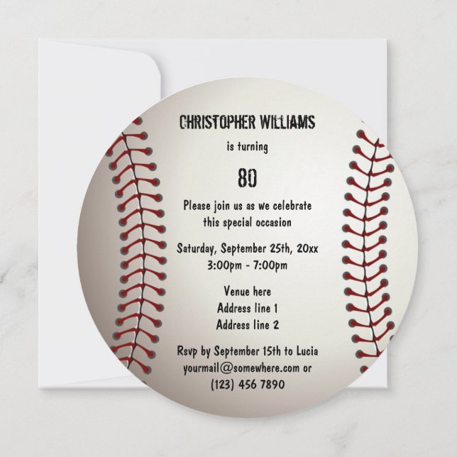 Sporty Baseball 80th Birthday Party Double Sided Invitation (Back)