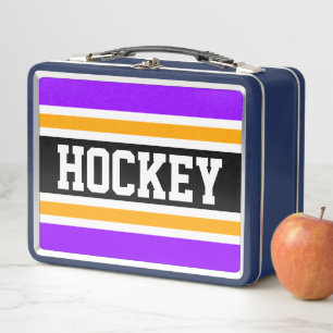 Sporty Black Bright Purple Yellow HOCKEY Stripes Metal Lunch Box