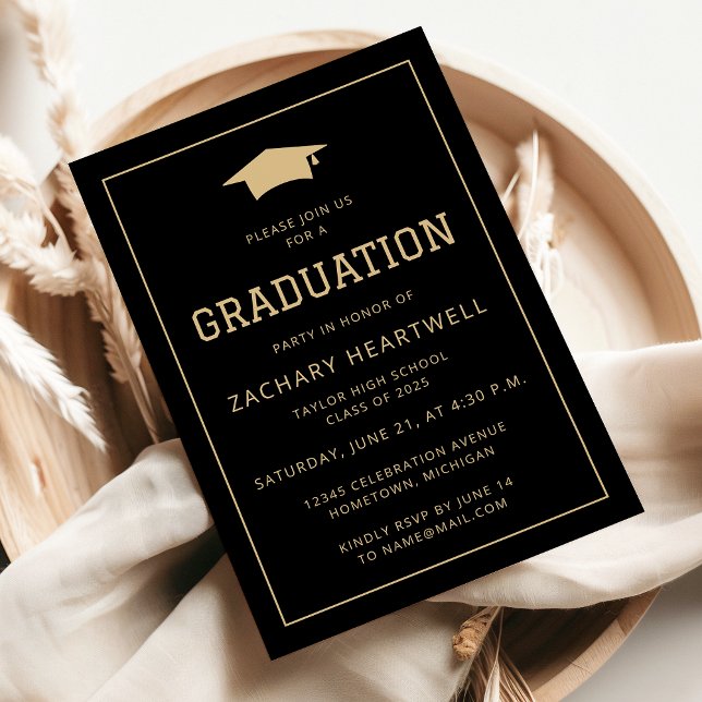 Sporty Black Gold Graduation Party Invitation (Creator Uploaded)