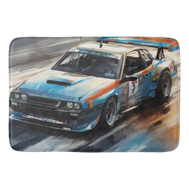 Sporty Blue Racing Car Bath Mat (Front)