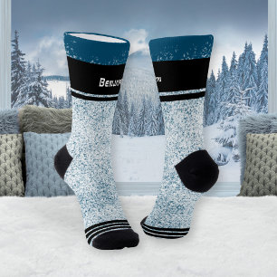 Sporty Blue Snowflakes Striped Christmas Socks