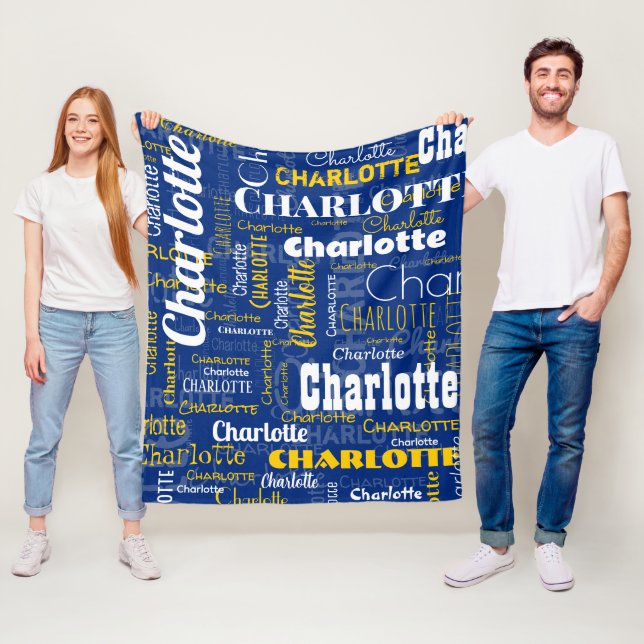 Sporty Blue Yellow Name Repeating Pattern Stadium Fleece Blanket (In Situ)