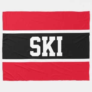 Sporty Bold Black White Bright Red SKI Stripes Fleece Blanket