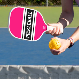 Sporty Bold Pink Black White Racing Stripes Text Pickleball Paddle