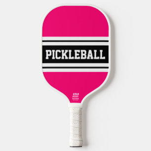 Sporty Bold Pink Black White Racing Stripes Text Pickleball Paddle