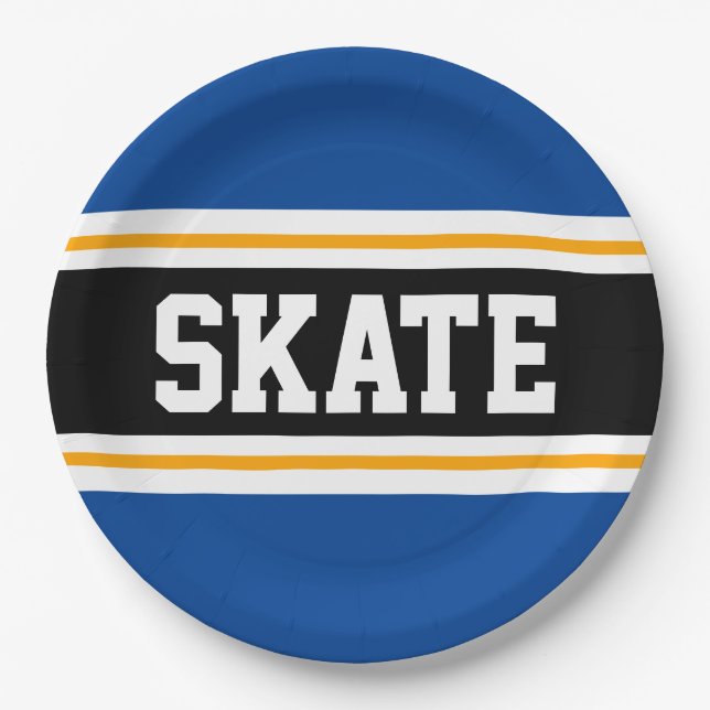 Sporty Bold Teal Black Yellow SKATE Racing Stripes Paper Plate (Front)