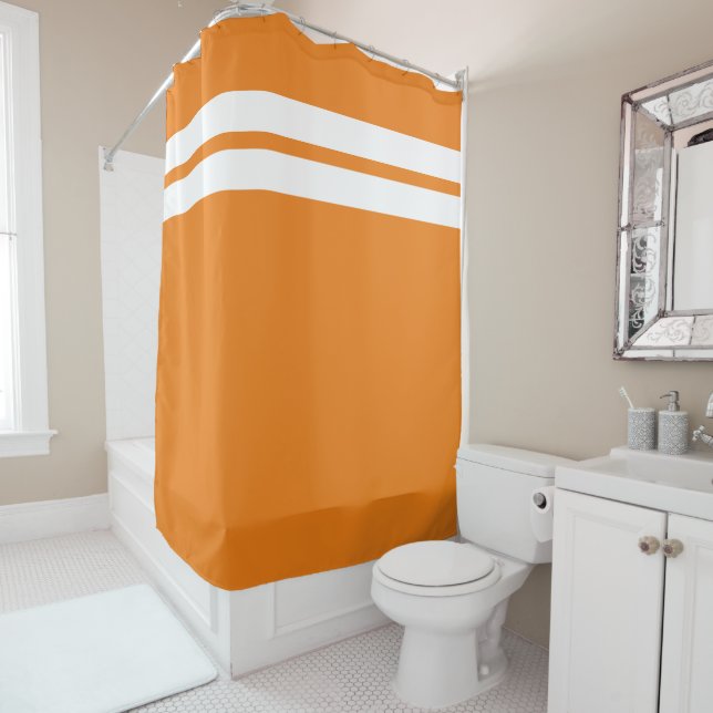 Sporty Bright Orange White Twin Racing Stripes   Shower Curtain (In Situ)