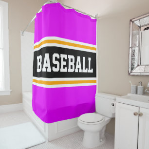 Sporty Bright Pink Black Yellow BASEBALL Stripes Shower Curtain