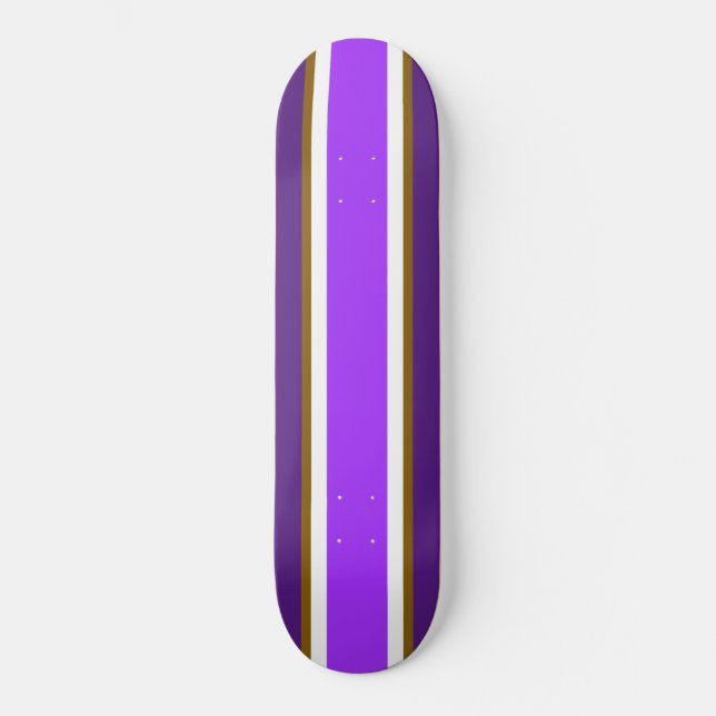 Sporty Bright Purple White Brown Racing Stripes Skateboard (Front)