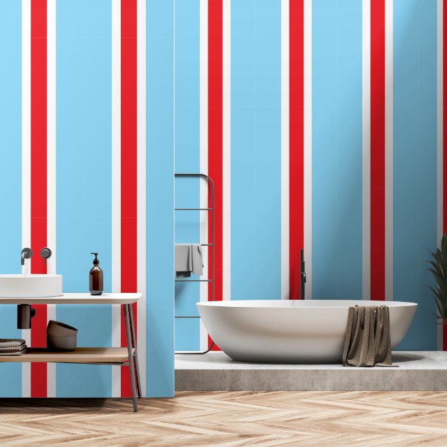 Sporty Bright Red Baby Blue White Racing Stripes Wallpaper (Bathroom)