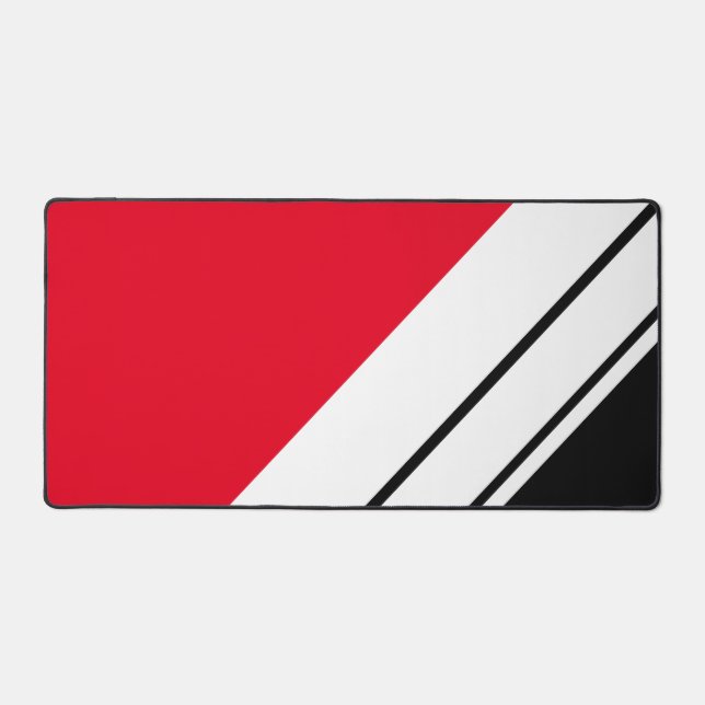 Sporty Bright Red Black White Diagonal Stripes Desk Mat (Front)