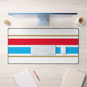 Sporty Bright Red Sky Blue Racing Stripes On White Desk Mat