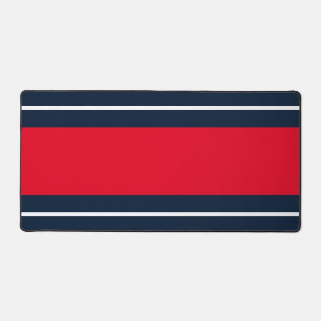 Sporty Bright Red White Navy Blue Racing Stripes Desk Mat (Front)