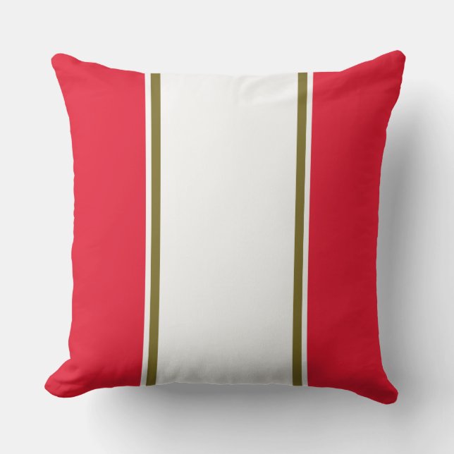 Sporty Bright Red White Olive Green Pinstripes Cushion (Front)