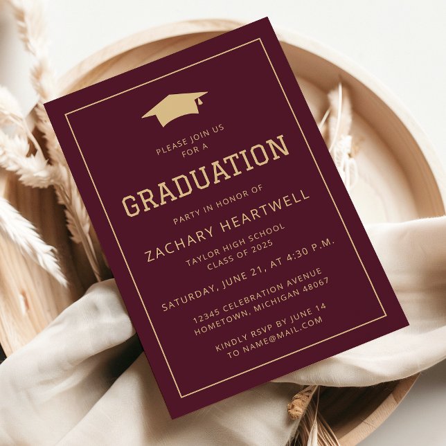 Sporty Burgundy Gold Graduation Party Invitation (Creator Uploaded)