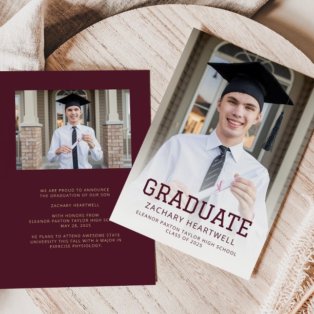 Sporty Burgundy Gold Photo Grad Announcement (Creator Uploaded)