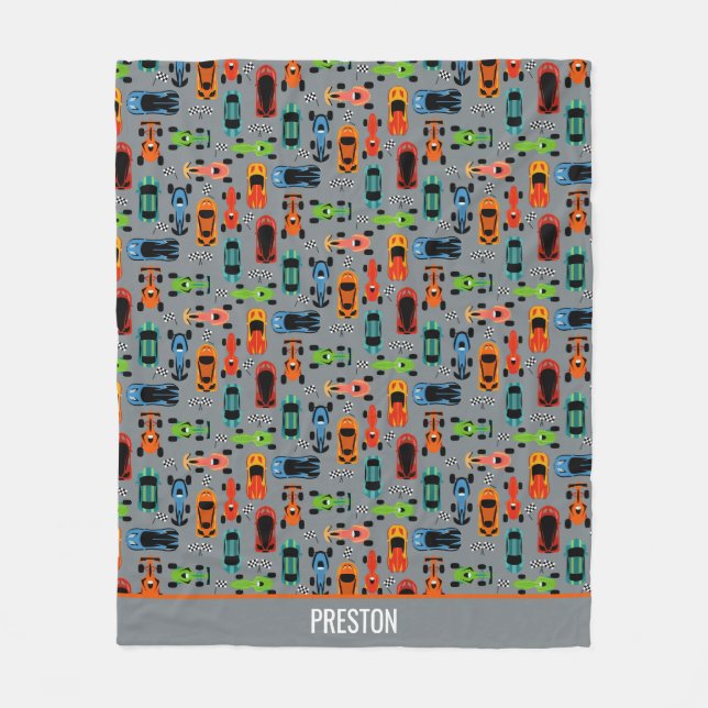 Sporty Colourful Racing Cars Kids Personalised Fleece Blanket (Front)