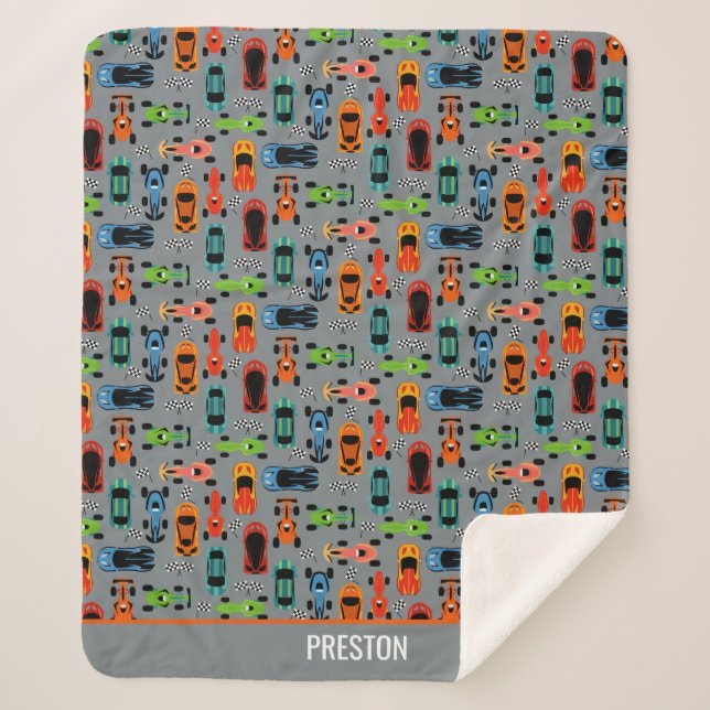 Sporty Colourful Racing Cars Kids Personalised Sherpa Blanket (Front)