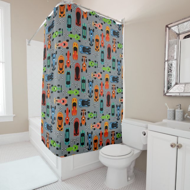 Sporty Colourful Racing Cars Kids Shower Curtain (In Situ)