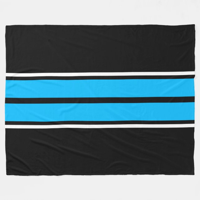 Sporty Cool Black Bright Blue White Racing Stripes Fleece Blanket (Front (Horizontal))