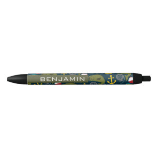 Sporty Fishing Pattern with Custom Name Black Ink Pen