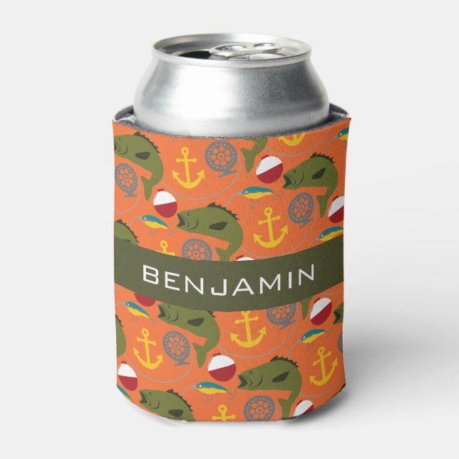Sporty Fishing Pattern with Custom Name Can Cooler (Can Front)