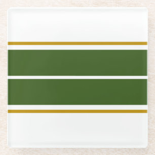 Sporty Forest Green Wide Racing Stripes On White Glass Coaster