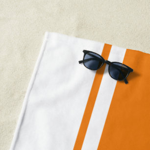 Sporty Fun Bright Orange White Racing Stripes Beach Towel